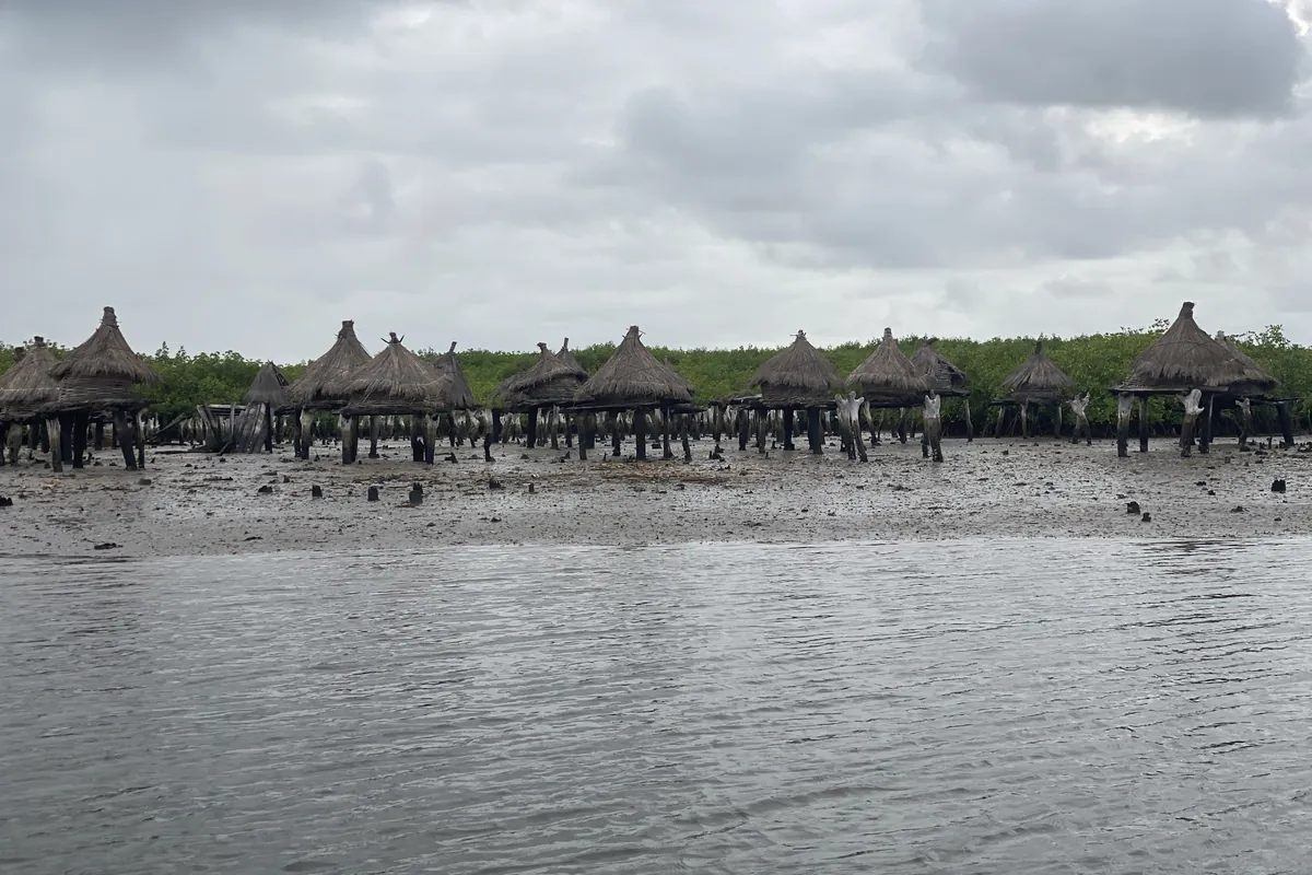 Les greniers sur pilotis de Joal-Fadiouth, à marée basse devant la mangrove